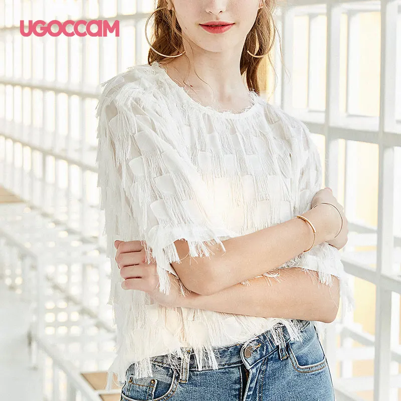 UGOCCAM Femme Футболка женская белая с кисточками Топы пуловеры гипюр повседневные женские топы Гипюр Вышивка harajuku футболка в стиле бохо