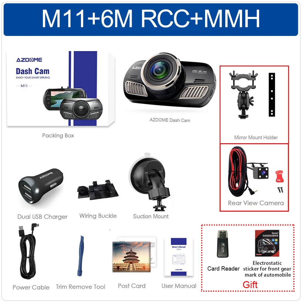 AZDOME M11 Dash Cam 3 дюймов 2.5D ips экран Full HD1080P Автомобильная камера DVR двойной объектив ночного видения 24H монитор парковки Dashcam gps - Название цвета: M11-6M RCC-MMH