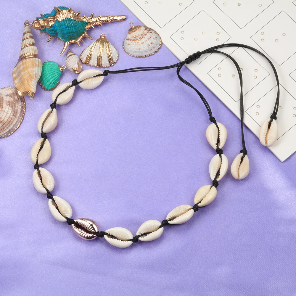 Модная Золотая раковина Каури колье ожерелье для женщин Девушка богемное натуральное ожерелье черный ремень Seashell летние пляжные украшения подарок