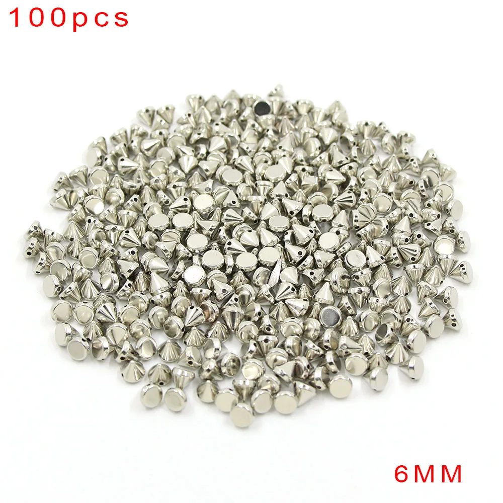 6MM Cone Sliver 100PcsPlastic шипы 6/8/10/12 мм браслетов, ожерелий, диаметр-цвет серебристый, золотой с заклепками; Цвет Черный; сезон Конус Пирамида Швейные Шипы аксессуары в стиле панк Костюмы с заклепками - Цвет: 6MM Cone Sliver