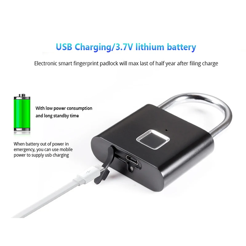 USB Rechargeable Fingerprint Padlock Smart Fingerprint Lock Quick Unlock Zinc Alloy Metal Self Developing Chip for Door Luggage USB Rechargeable Fingerprint Padlock Smart Fingerprint Lock Quick Unlock Zinc Alloy Metal Self Developing Chip for Door Luggage