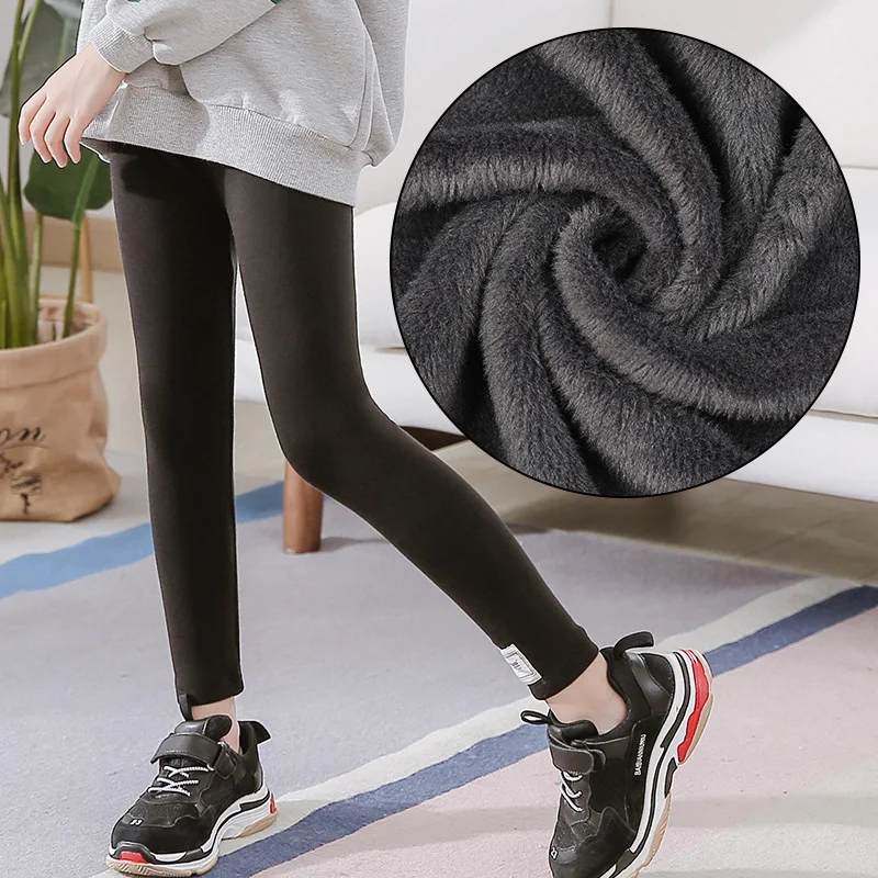 BLACK with label Леггинсы для девочек г. Теплые брюки хлопковые леггинсы на флисовой подкладке с буквенным принтом зимняя одежда для детей 8, 10, 12, 14 лет, детская одежда - Цвет: BLACK with label