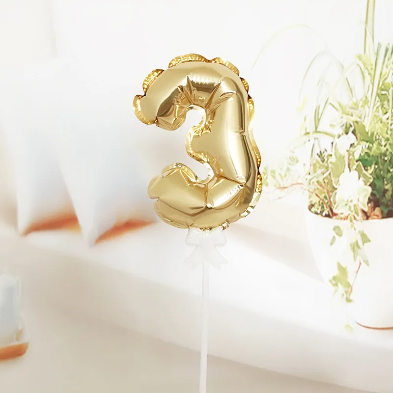 Gold Number 3 Самонадувающиеся мини золотые воздушные шары из фольги в виде цифр Торт Топперы с бантом Пластиковая Палочка Свадьба День Рождения Вечеринка торт поставки - Цвет: Gold Number 3