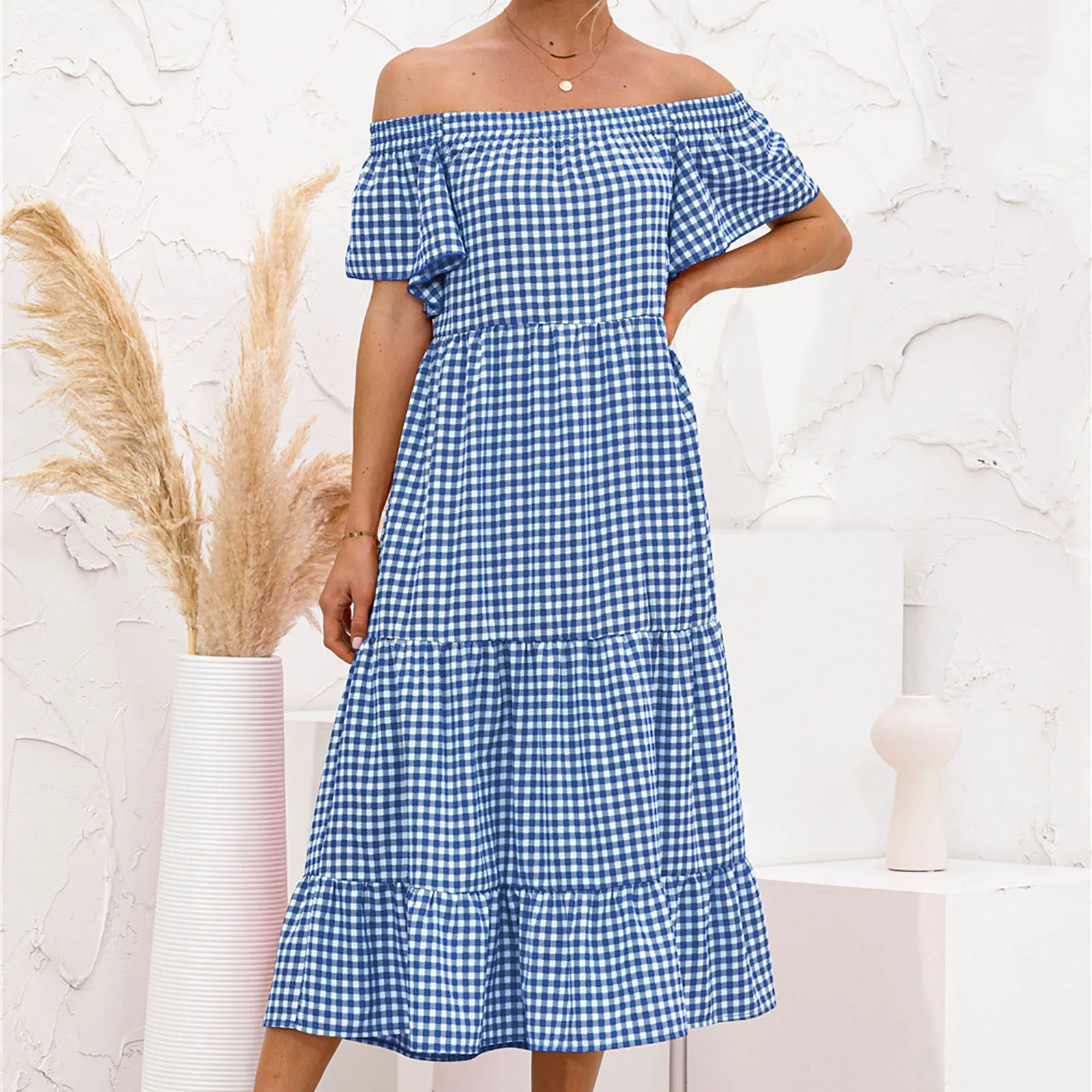 Women Sexy Summer Dress Shoulder Neck Short Sleeve Plaid Print Flowy Dress Casual Maxi Dresses For Women Sukienki Letnie Damskie 1