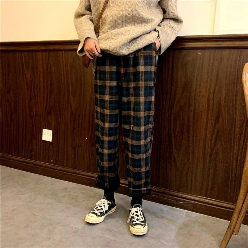 Favour Warm Plaid Pants Women Winter 2020 Fashion Plus Velvet Wide Leg Pants High Waist Loose Casual Oversize Trousers Women