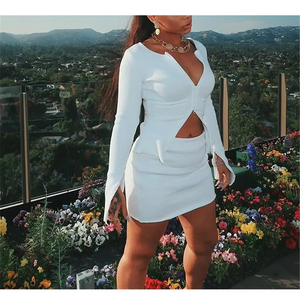 

Autumn Long Sleeve Zipper Coats Skirts Sets Ladies Ribbed Kimono Two Pieces Sets V-Neck Sexy Streetwear Sets Outfits
