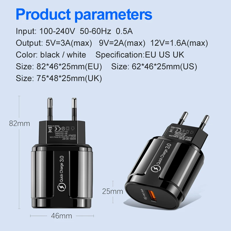 QC3.0 18 Вт 5 В 3 а зарядное устройство для мобильного телефона быстрое зарядное устройство 3,0 быстрое зарядное устройство для iPhone samsung huawei Xiaomi Зарядка для телефона