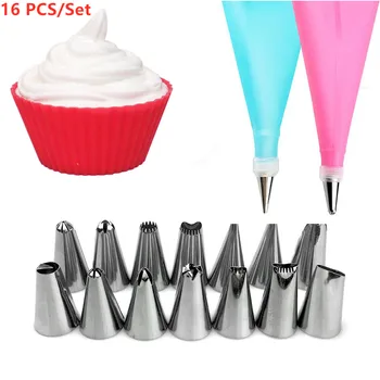 

16 PCS/Set Silicone Kitchen Accessories Icing Piping Cream Pastry Bag +14 Stainless Steel Nozzle Set DIY Cake Decorating Tips