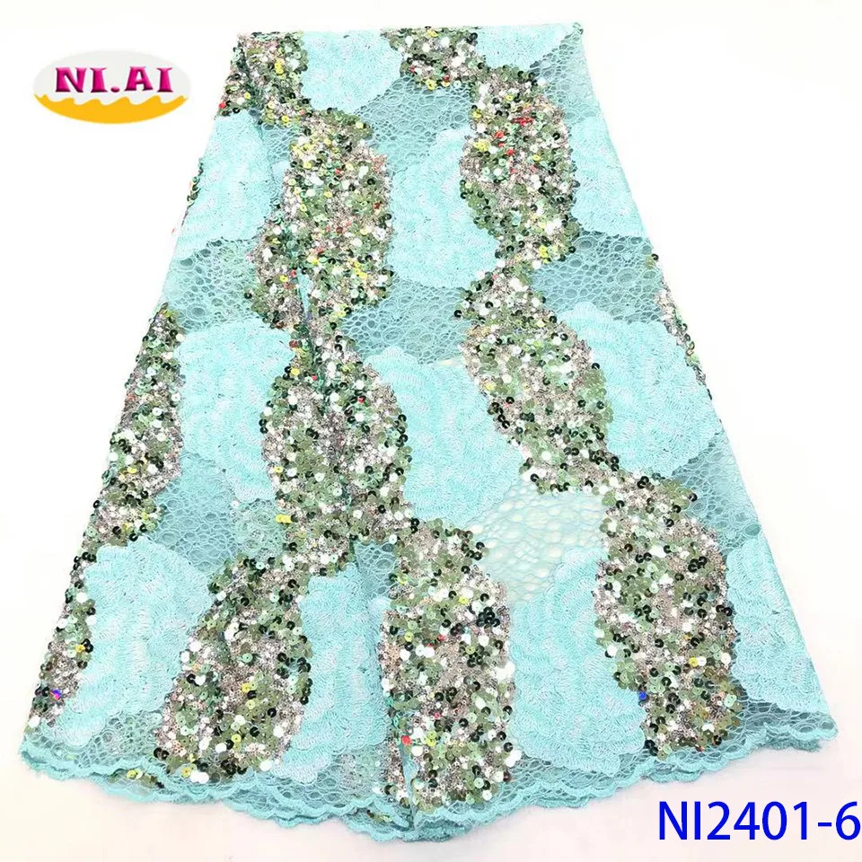 NIAI African Lace Fabric High Quality Lace Nigerian Sequins Lace Fabrics Embroidered French Lace Fabric For Women NI2401-4