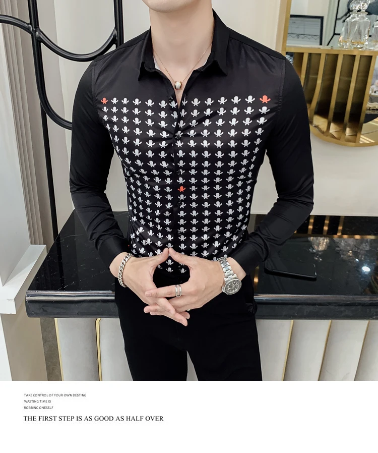 Camisa Hombre, осенняя мужская рубашка в британском стиле, мужская рубашка с длинным рукавом с индивидуальным принтом, тонкая мужская Роскошная Клубная рубашка-смокинг
