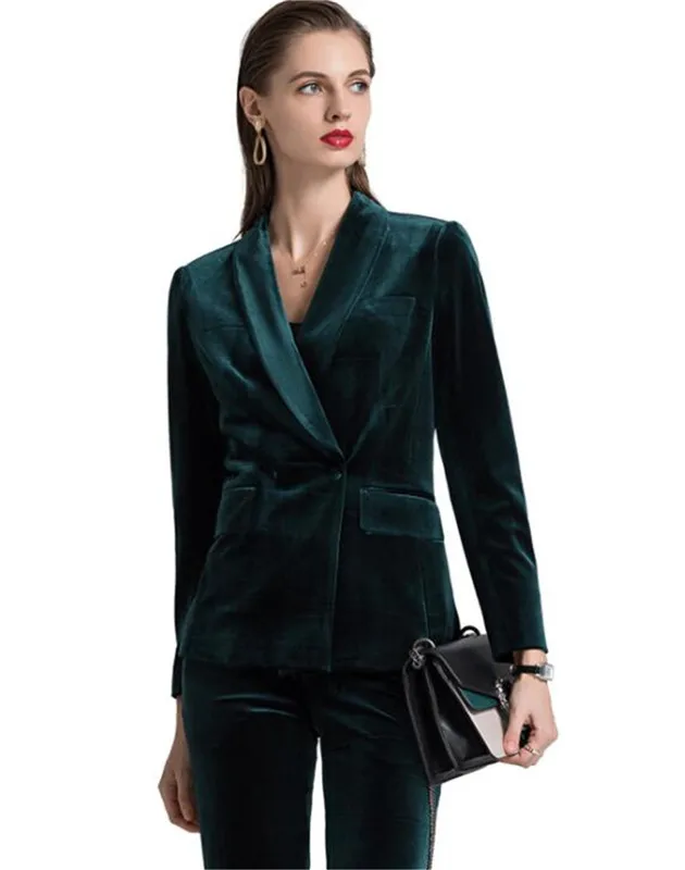 Women's Velvet Jacket and Pants Set, Women Pantsuits, Work Pant Suits, Blazer, Jacket, Pants Suit, Party, One Button, OL, 2 Pcs