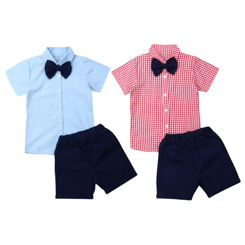 Модная детская одежда летняя одежда для маленьких мальчиков клетчатая рубашка+ короткие штаны детская одежда праздничный костюм