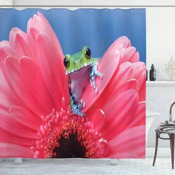 

Animal Shower Curtain, Tiny Little Tree Frog on Gerbera Flower Nature Moments Shoots Art, Cloth Fabric Bathroom Decor Set with