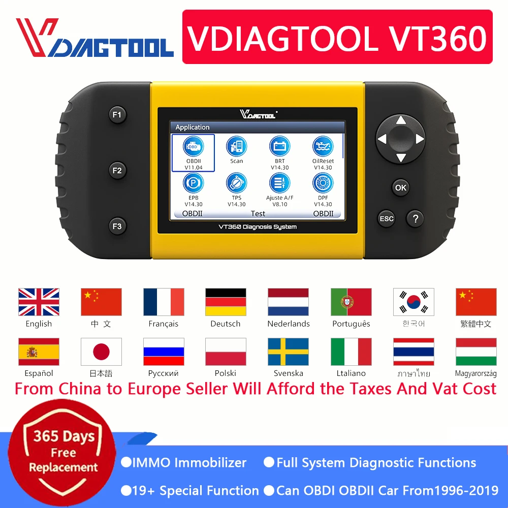 Full System OBD2 Diagnostic&ampScanner Tool VDIAGTOOL VT360 With ABS Airbag SAS BRT EPB DPF TPMS Immo Oil Reset Injector Function |