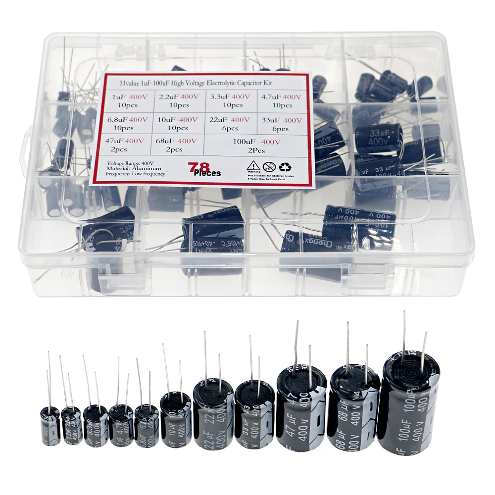 78pcs 11 Values 1uF -100uF 400V High Voltage Aluminum Electrolytic Capacitor Assortment Box Kit