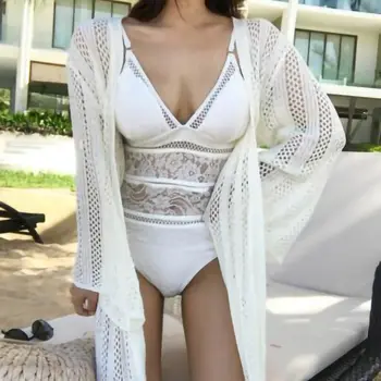 

Women Boho Style Lace Floral Beach Coverup Clothes Front Open Sheer Swimsuit Kimono Cardigans Crochet Top Blouse New Arrival