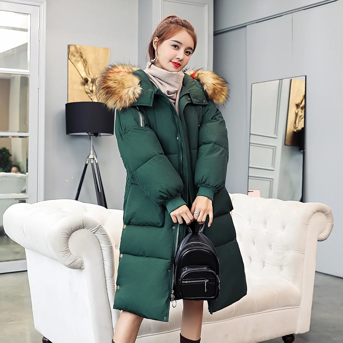 

2019 Autumn And Winter down Jacket Korean-style Large Size Dress INS Mid-length Waist Hugging Cotton Coat down Coat Women's