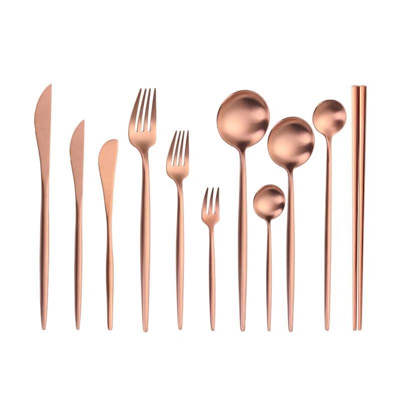 

Rosegold Cutlery Set Matte Stainless Steel Tableware Set Chopsticks Knife Dessert Spoon Dinner Fork Fruit Spoon Dinnerware Sets