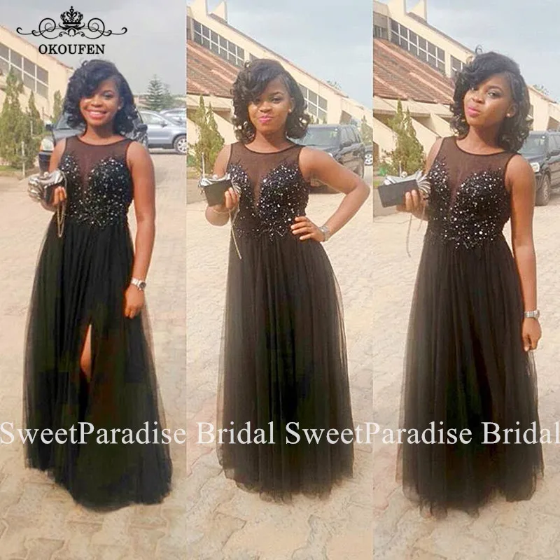 

Bling Beads Long Bridesmaid Dresses With Appliques Sheer Neck Side Split A Line Party Wedding Guest Dress For Women