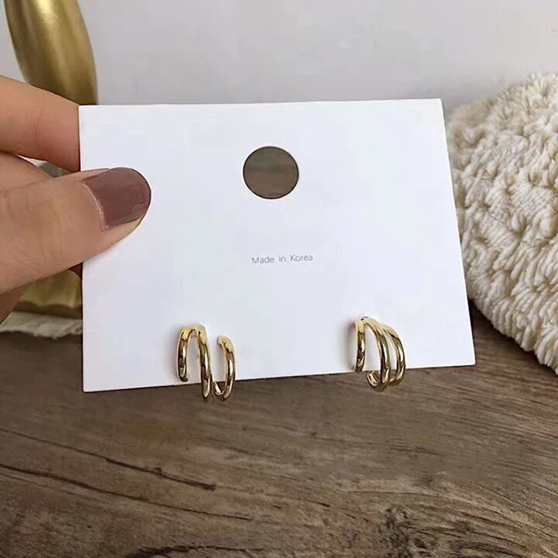女性用メタルフープピアス C字型オープンサークル ヴィンテージ トリプルオープンサークル 韓国語 アクセサリー Hoop Earrings Aliexpress