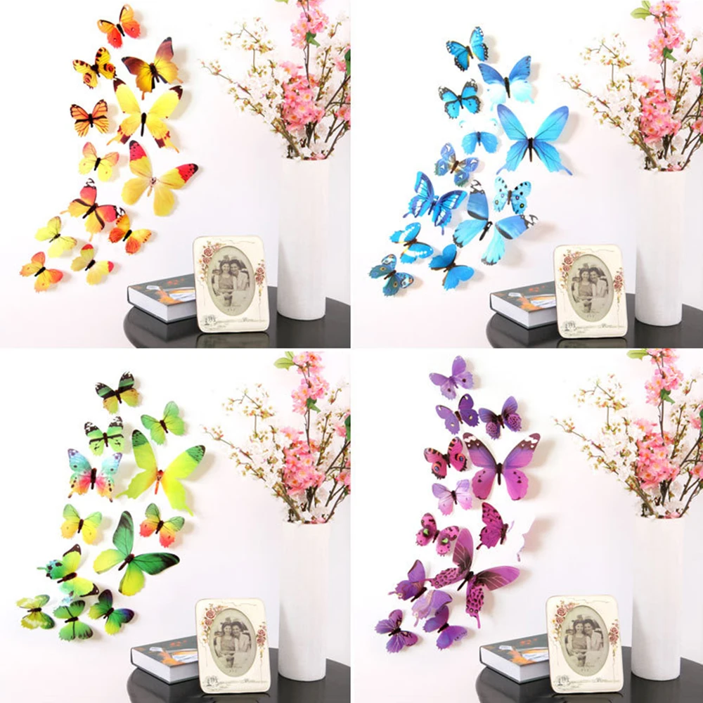 

12pcs/set Multicolor Double Layer 3D Butterfly Wall Sticker Magnet PVC Butterflies Party Kids Bedroom Fridge Decoration 4 Colors