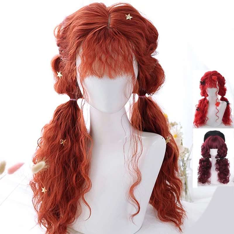 Cosplaysalon Лолита 60 70 см длинные кудрявые темно оранжевые красные коричневые челки