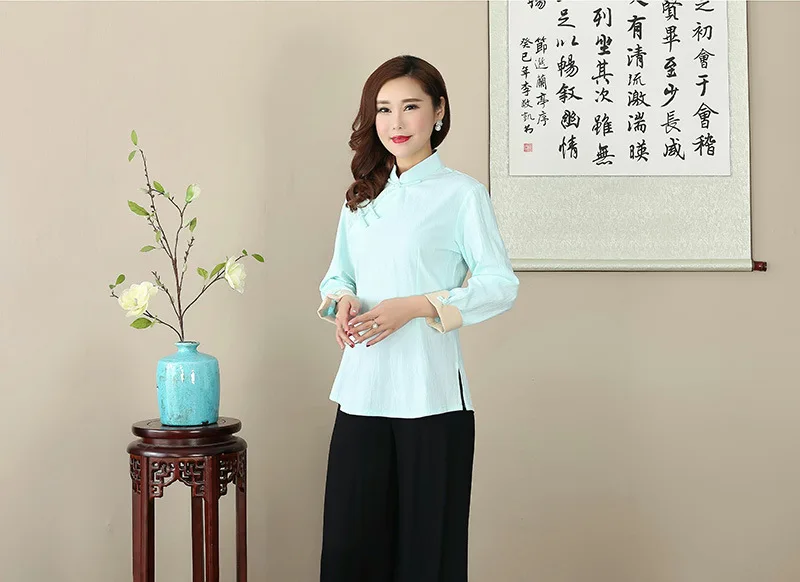 New Style Spring And Autumn Solid Color 2702-1 WOMEN'S Dress Cotton Linen Chinese-style Long Sleeve Chinese Costume Set Middle-a