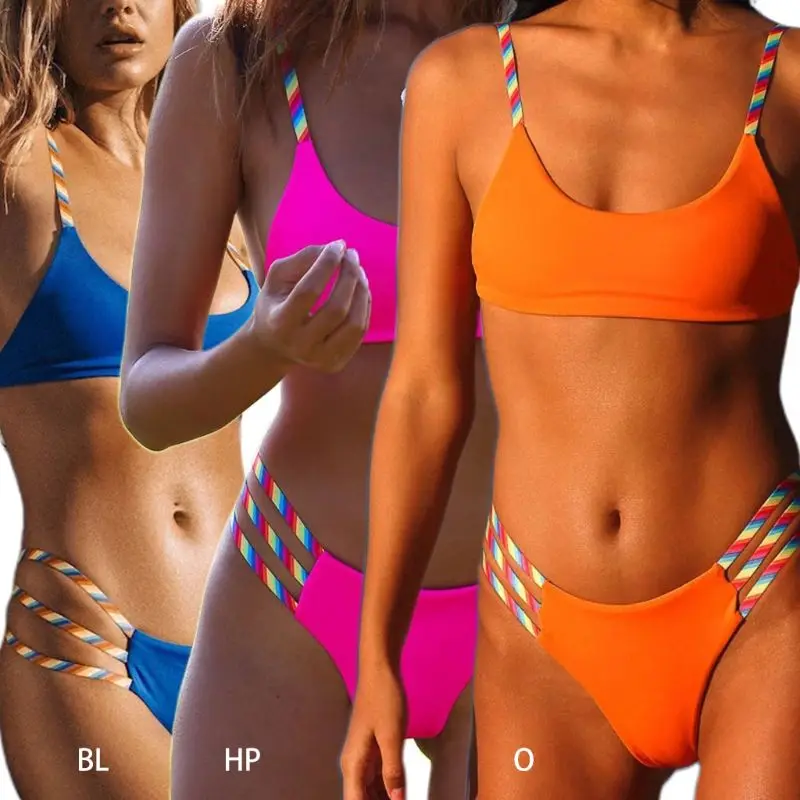 

Women Two Piece Bathing Suit Rainbow Stripes Strap Bra High Cut Thong Bikini Set 27RD