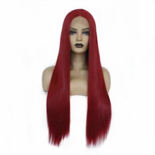 Glueless длинные прямые термостойкие синтетические кружевные передние парики бордовый цвет средняя часть косплей вечерние парики для модных женщин