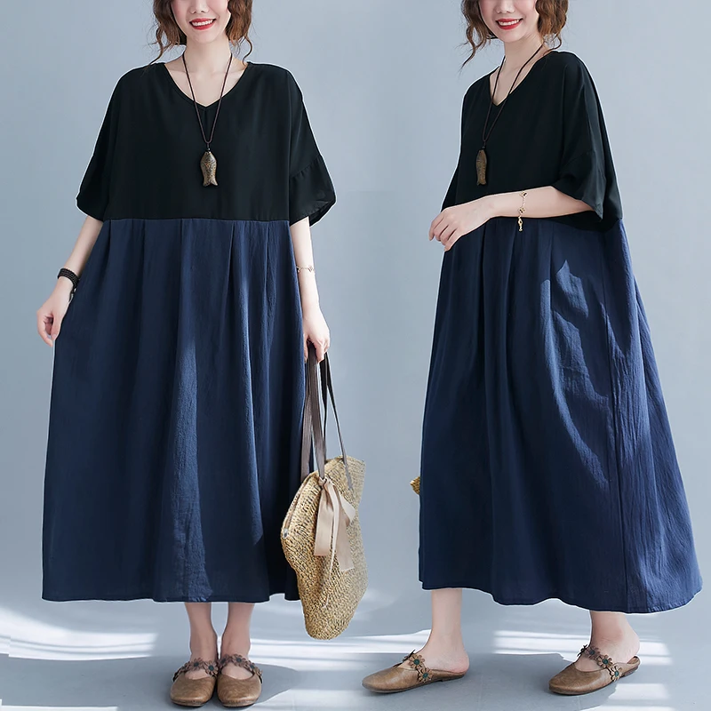 Dresses Women Hot Sale Patchwork Casual Short Sleeve Plus Size Art Spliced Black Loose Korean Fashion A-line Dress | Женская одежда