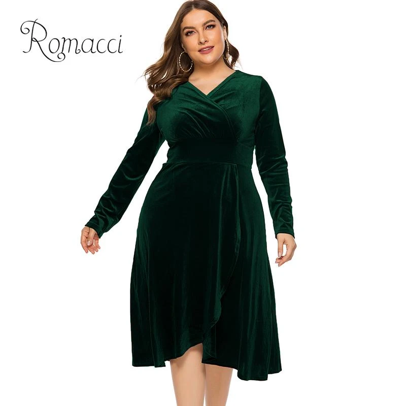 Romacci Women Plus Size Dress Party Crossover V Neck High Waist Drape Long Sleeve Midi Elegant One Piece Dress 19 New Fashion Dresses Aliexpress