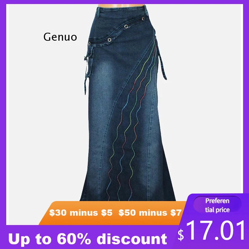 

Women's Irregular Ruffles Denim Long Skirts Female High Waist Pocket Mermaid Big Hem Jean Skirt
