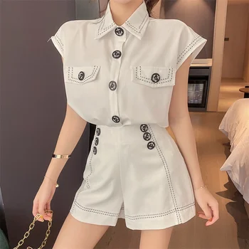 

2020 New Summer 2 Piece Set Women White And Black Shirts Two Piece Set Sleeveless Blouse Top + High Waist Shorts Suits Pants Set