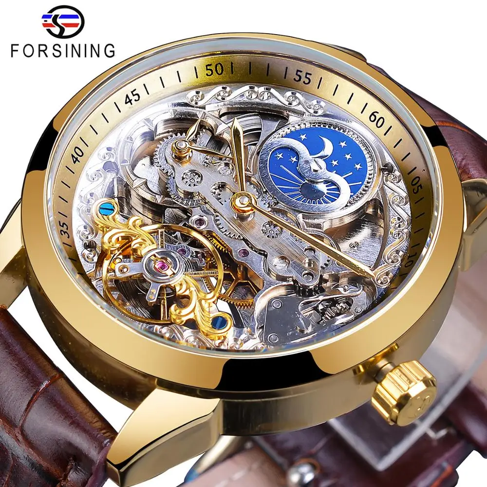 Forsining автоматические механические мужские часы золотые ремешок из натуральной
