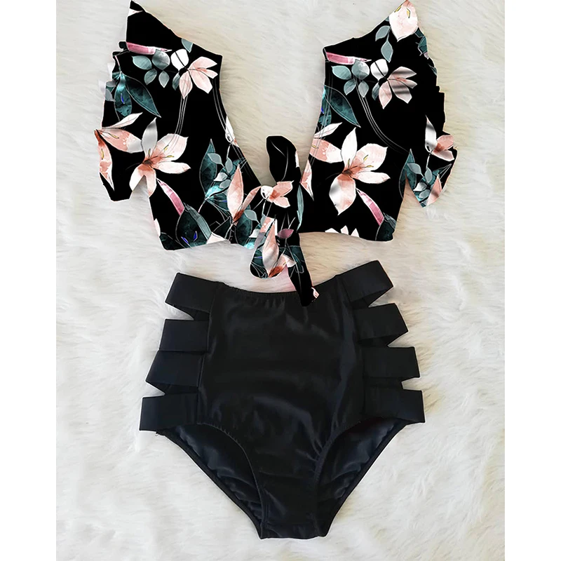 Floral Ruffled Hem Vneck High Waisted Two Piece Swimsuit