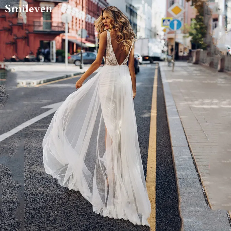 

Smileven Beach Wedding Dress A-Line Wedding Gown White Ivory Side Split Backless Simple V-Neck Bridal Dresses