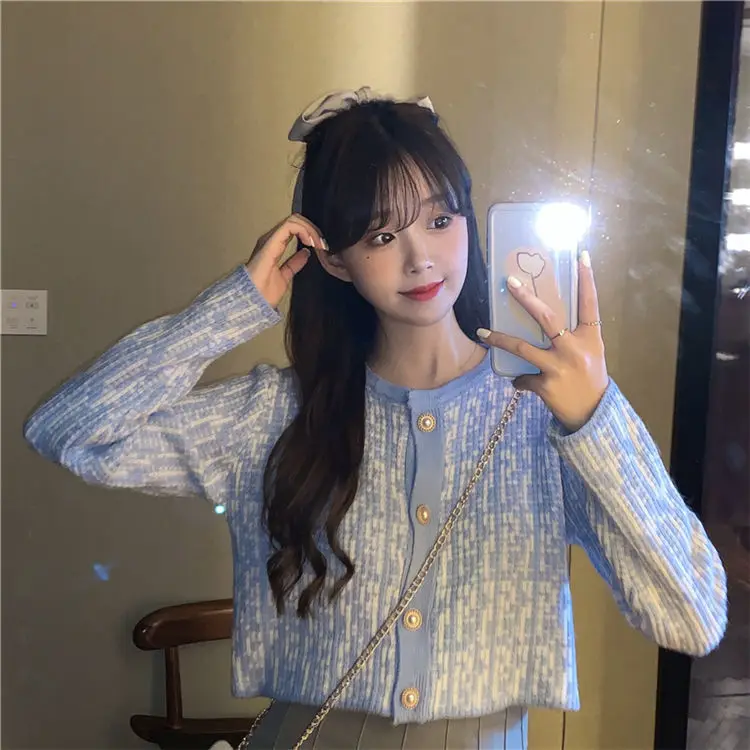 

2020 New Korean Style High Waist Crop Top Women's Jacket Graceful Thin Long Sleeve Knitted Cardigan