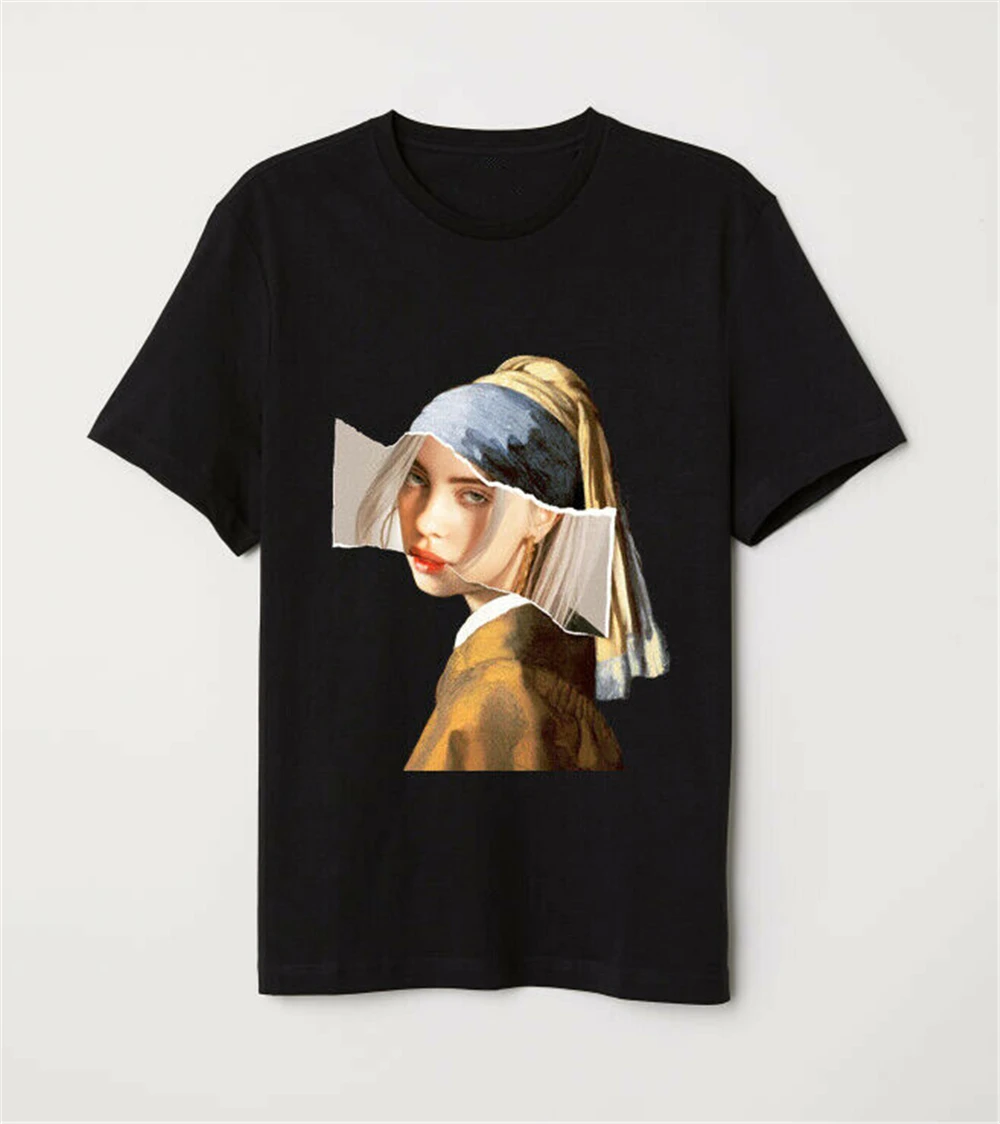 Billie Eilish Is Girl с серьга с жемчугом забавная черная футболка Vermeer Mashup Винтажная Футболка