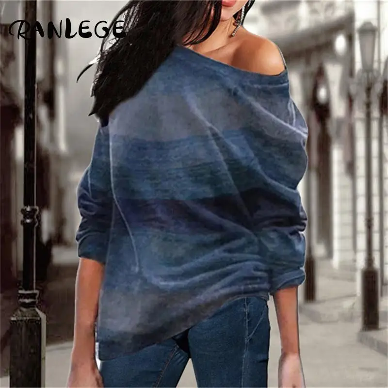 RANLEGE Pullover Sweater Women Geometric Long Sleeve Casual Ladies Sweaters Plus Size Off Shoulder Sueter Mujer Invierno 2020 | Женская