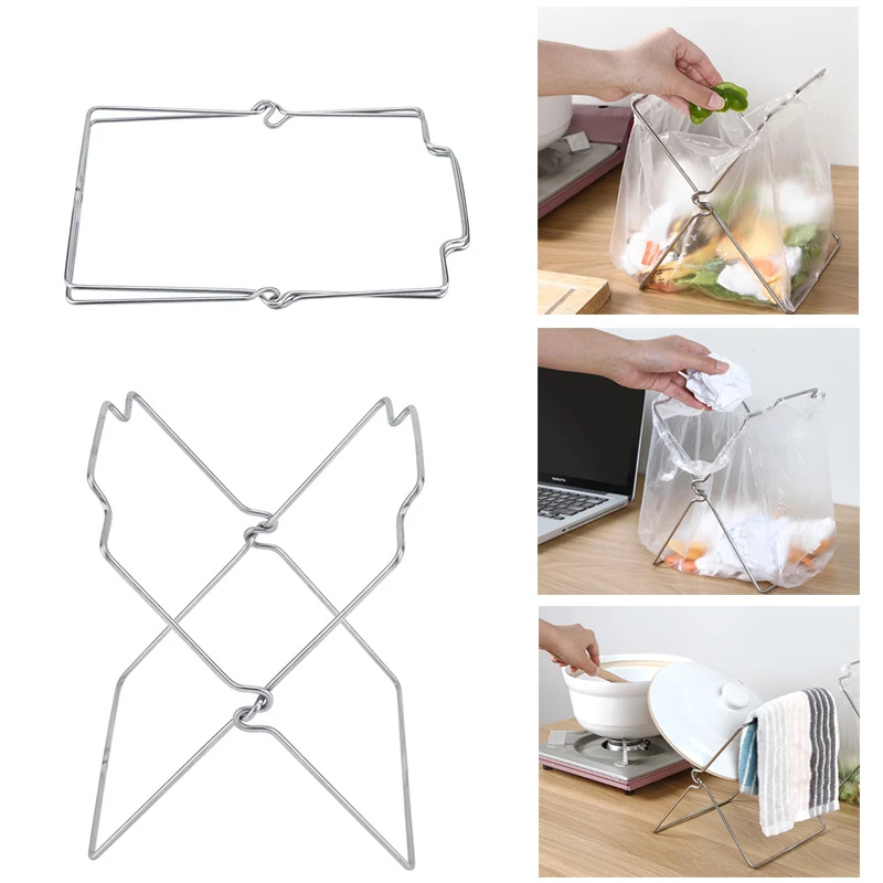 

Stainless Steel Garbage Bag Shelf Home Kitchen Countertop Folding Trash Bag Bracket Holder Organizer Dishcloth Towel Rack