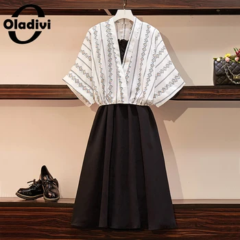 

Oladivi Plus Size Women Camisole Wrap Dress + Batwing Sleeves Shirts Two Pieces Sets 2020 Summer Elegant Vintage Ladies Dresses
