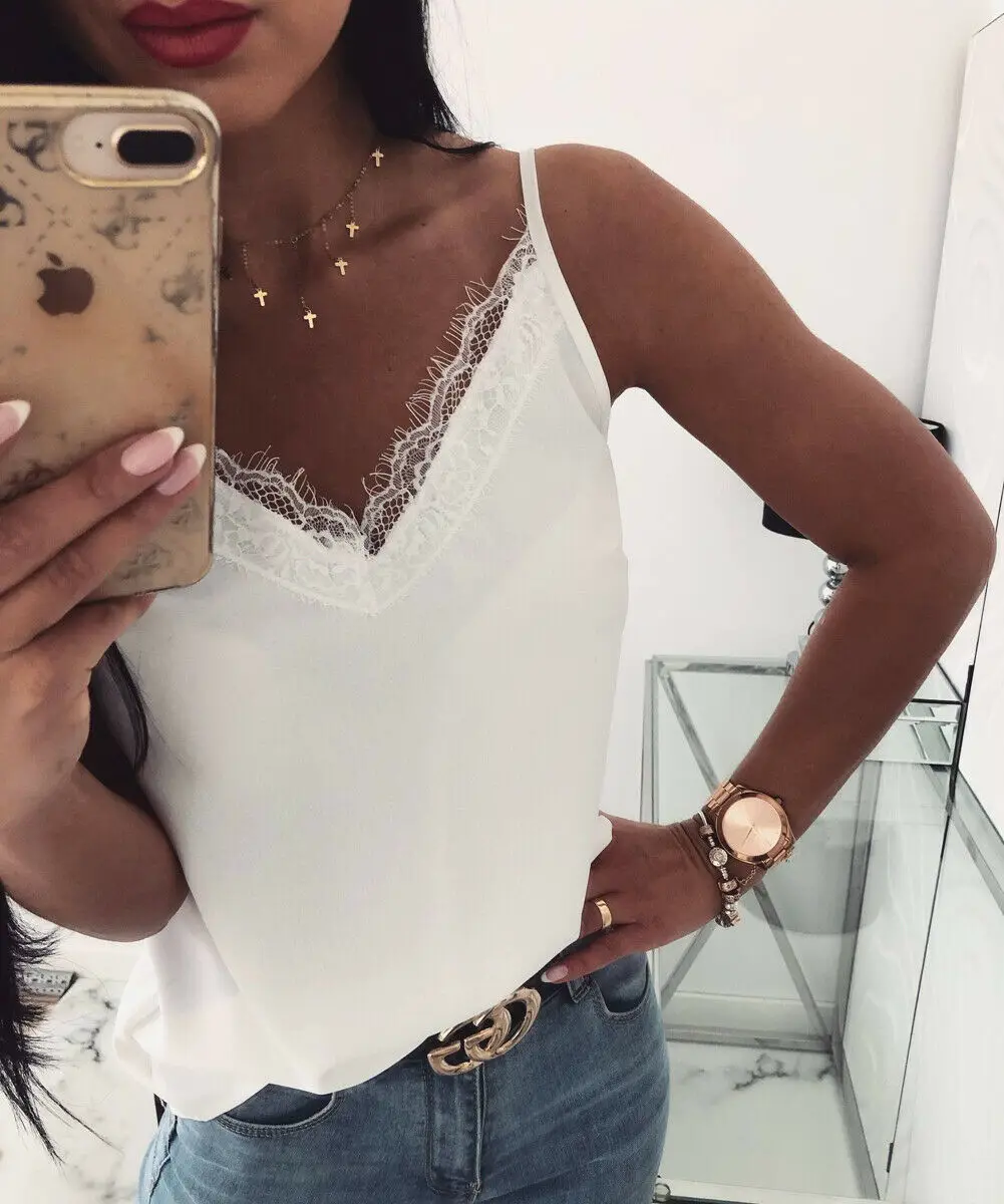 Hot Sale Women Sexy Lace Backless Vest Elegant Lady Summer Fashion Satin Silk Tank Tops Blouse Female Casual Top Plus Size