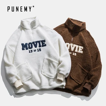 

Hip Hop Men Lamb Cashmere Hoodies Stand Collar Zipper Oversize Cotton Retro Letter Pattern Streetwear Harajuku Warm Men's Hoodie