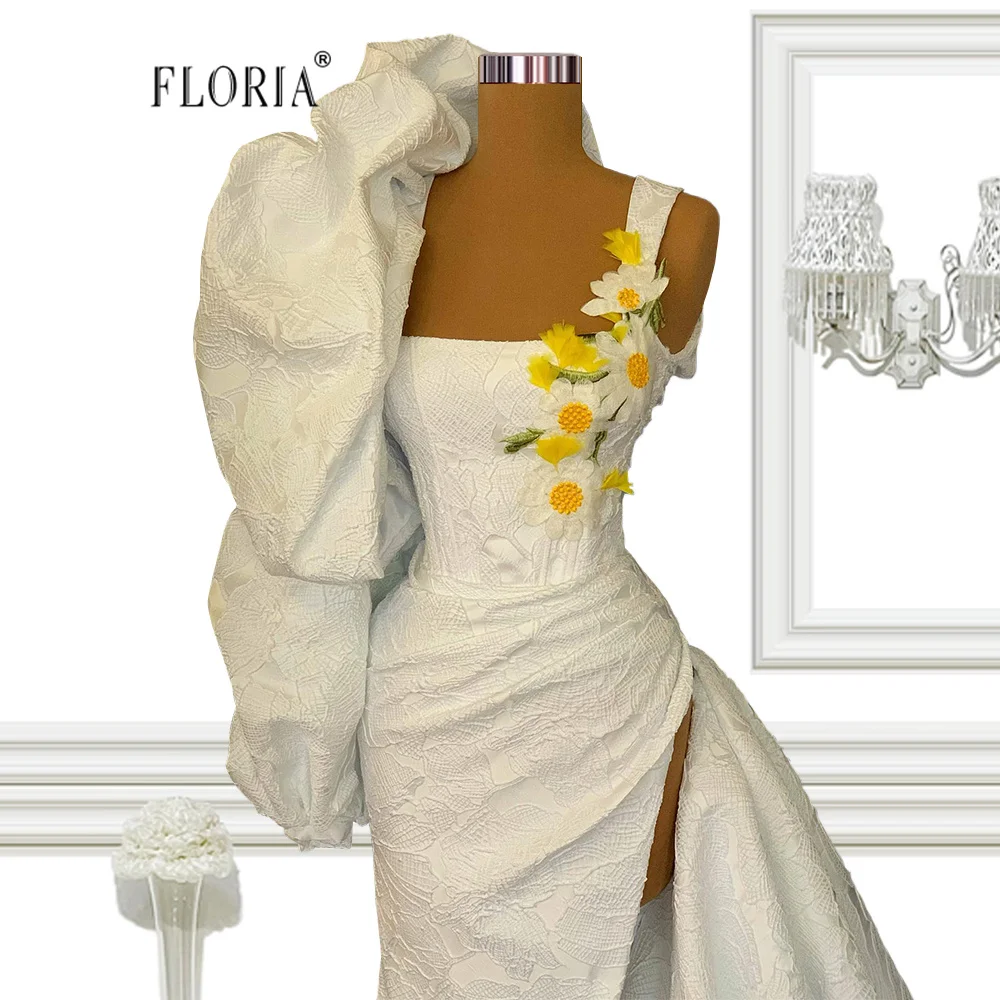 

Spring White Puff Sleeve Applique Evening Dress 2022 Newest Split Side Women Wedding Dress Bridal Dress Vestido Custom Made