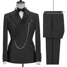 Custom Made Black Groom Tuxedo Peaked Lapel Double Breasted Men's Suit Prom Wedding Party 2 Pieces Suits Costume ( jacket+Pants)