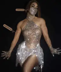 Sexy Gogo Lady Gaga Rave Carnival dj pole Sparkly Rhinestone Fringe  Women Dancer Show Leotard Celebrate   Bar Birthday Costumes