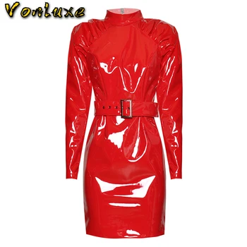 

2020 New Women Faux PU Leather Dresses High Quality Runway Designer Vintage Spring Autumn Long Sleeve Red Mini Dress With Belt