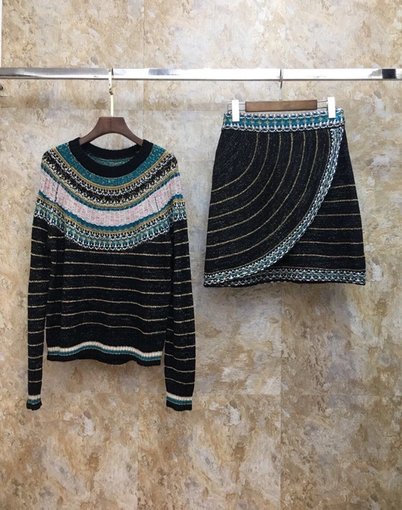 

2019 Early autumn new women's round collar color striped knitted sweater knitted jacket + Half skirt suit 725