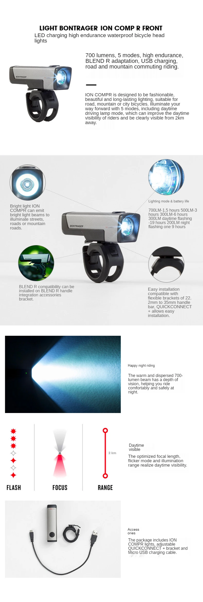 TREK Bontrager Ion Comp Charge R Bicycle Riding Day and Night Lights Before 700 Lumens LED Road Lamp