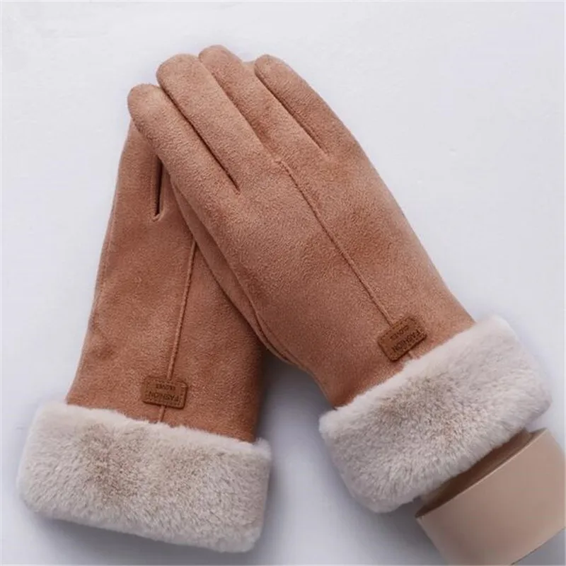Зимний ветрозащитный Теплый перчатки женские двухслойные пушистые варежки с сенсорным экраном замшевые кожаные вышитые перчатки наружные варежки - Цвет: 081C-khaki
